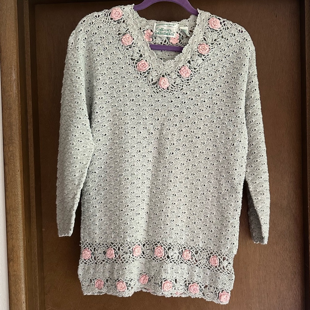 Vintage hand knit mint green and rose sweater